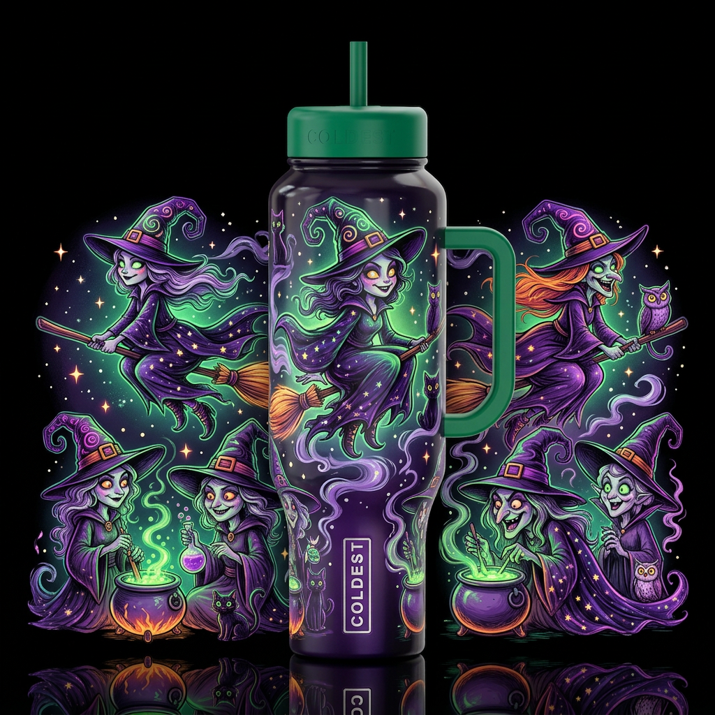 Sketched like scary witches, glossy, trompe-l'œil,... water bottle design