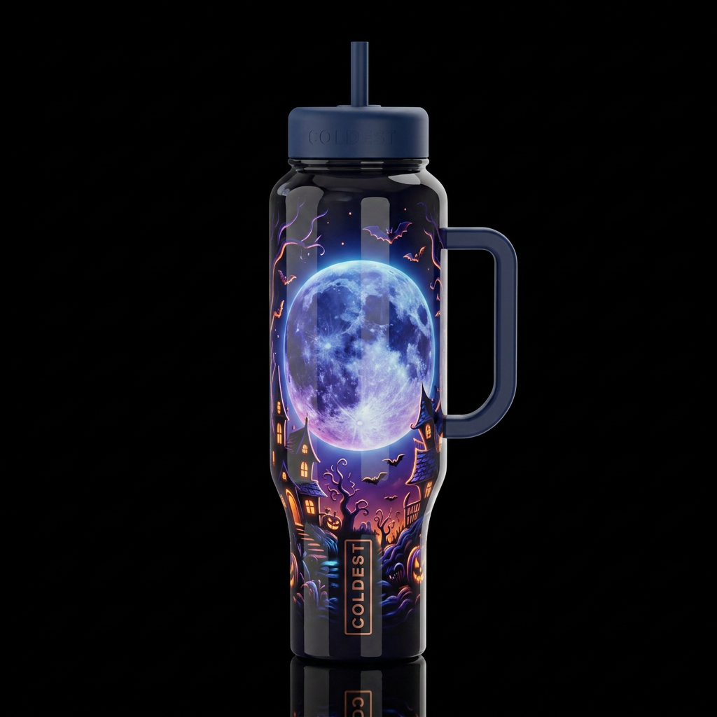 Halloween moon,glossy, trompe-l'œil, beautiferous,... water bottle design