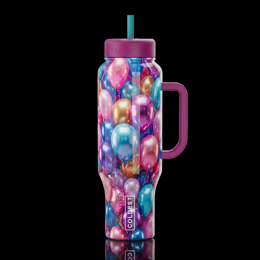 Loony balloons, glossy, trompe-l'œil, beautiferous... water bottle design