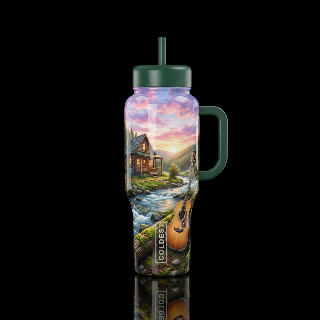Cabin next to a creek, country music guitar, beaut... water bottle design