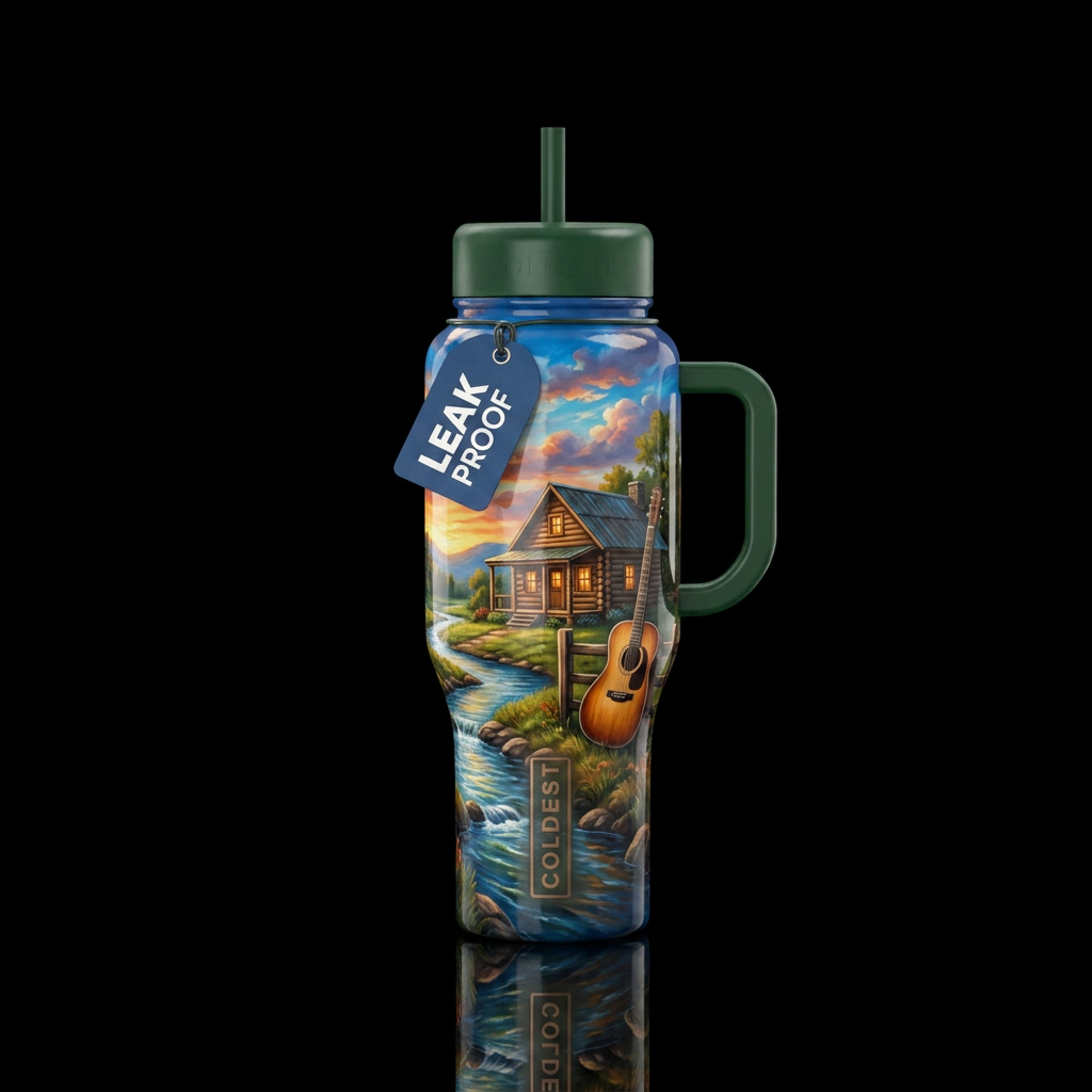 Cabin next to a creek, country music guitar, beaut... water bottle design
