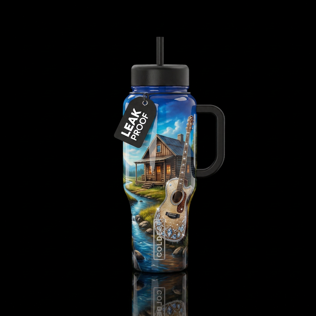Cabin next to a creek, blingy country music guitar... water bottle design