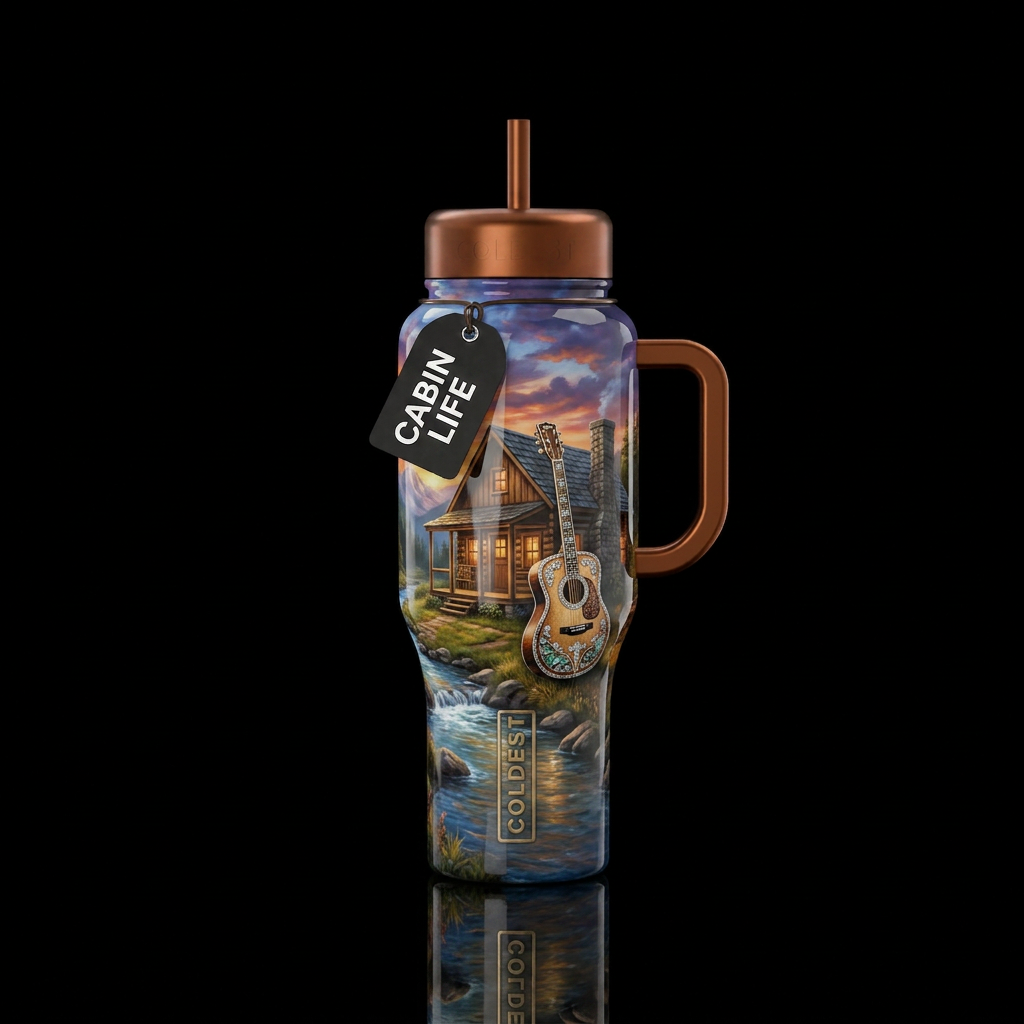 Cabin next to a creek, blingy country music guitar... water bottle design