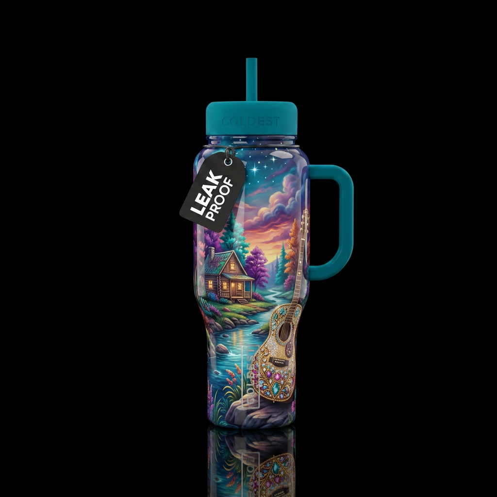 Cabin next to a creek, blingy country music guitar... water bottle design