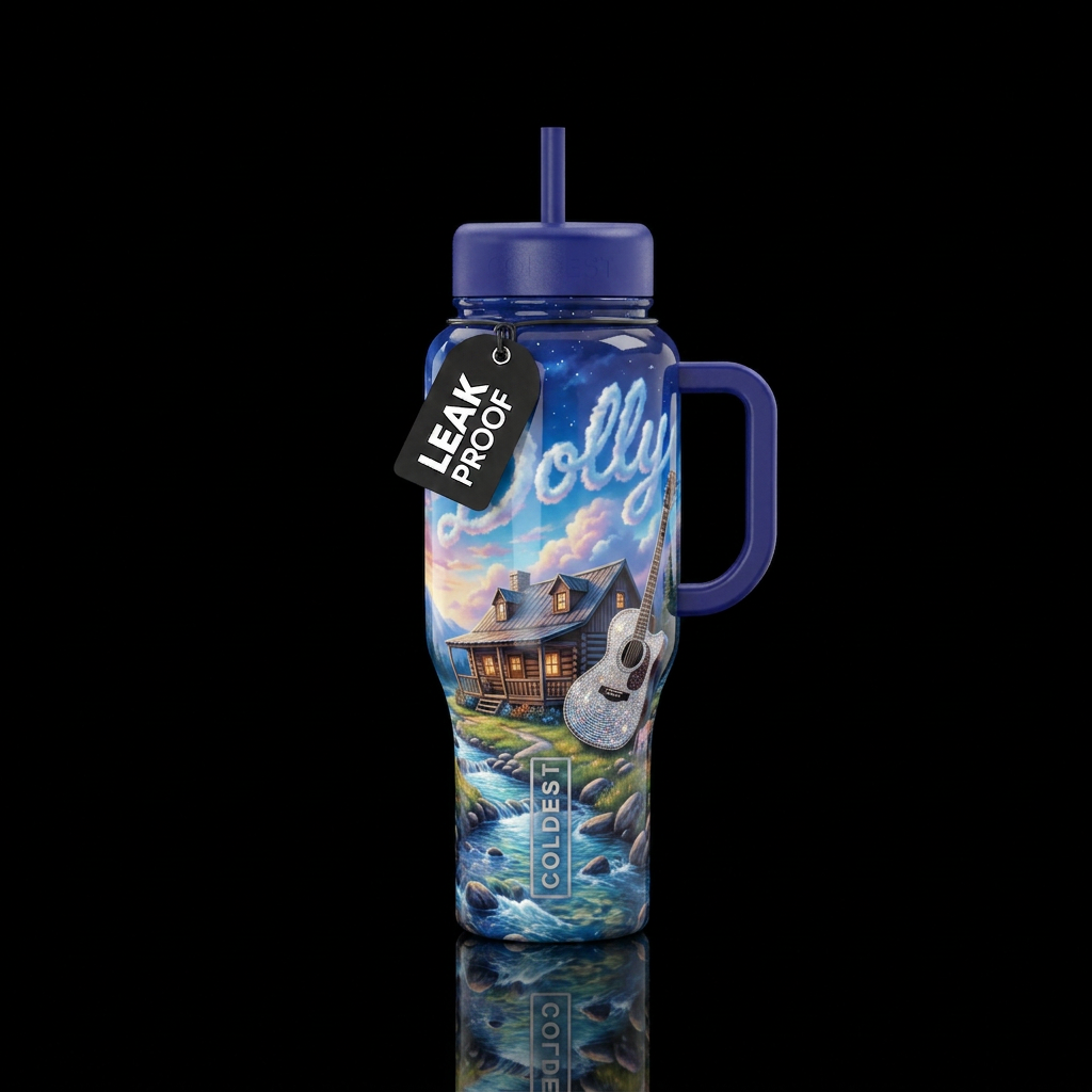 Cabin next to a creek, blingy country music guitar... water bottle design