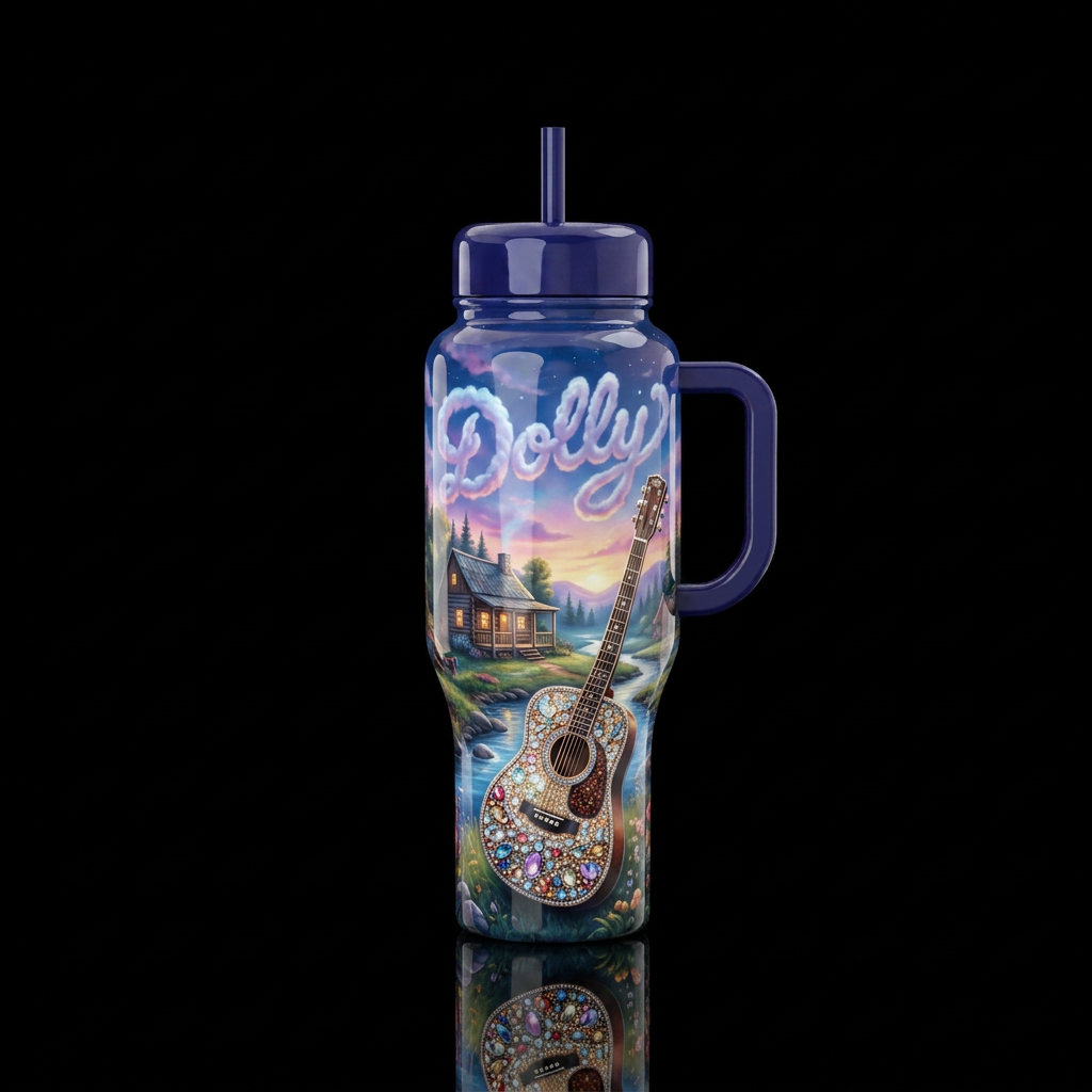 Cabin next to a creek, blingy country music guitar... water bottle design