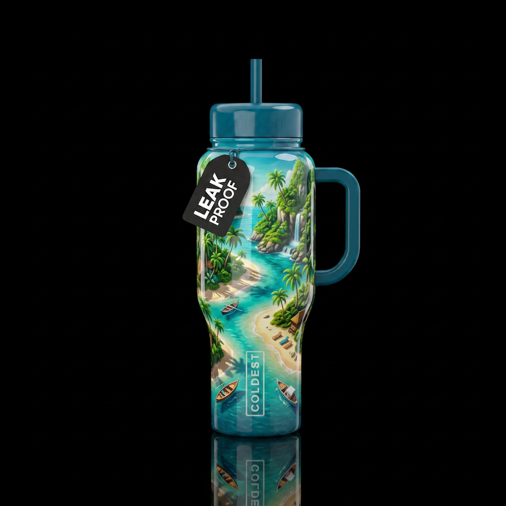 Islands in the stream, glossy, trompe-l'œil, beaut... water bottle design