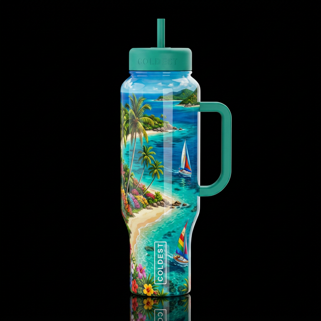 Islands in the stream, glossy, trompe-l'œil, beaut... water bottle design