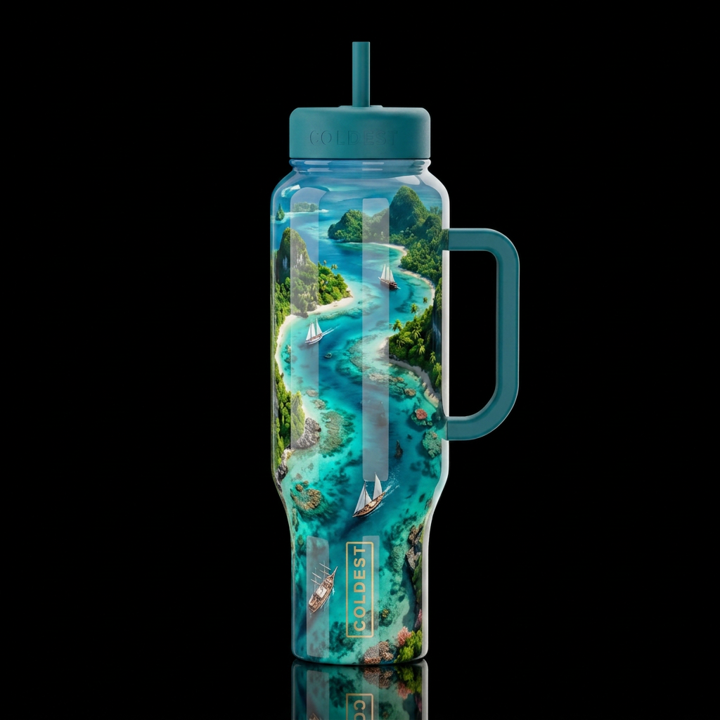 Islands in the stream, glossy, trompe-l'œil, beaut... water bottle design