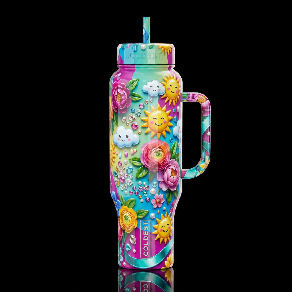 Happy go lucky, glossy, trompe-l'œil, beautiferous water bottle design