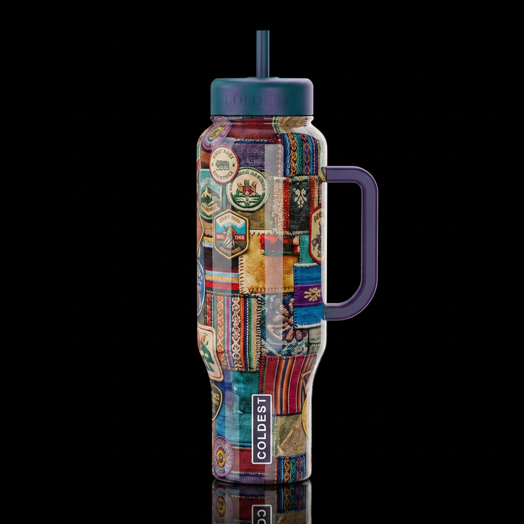 Unique patches, glossy, trompe-l'œil, beautiferous water bottle design