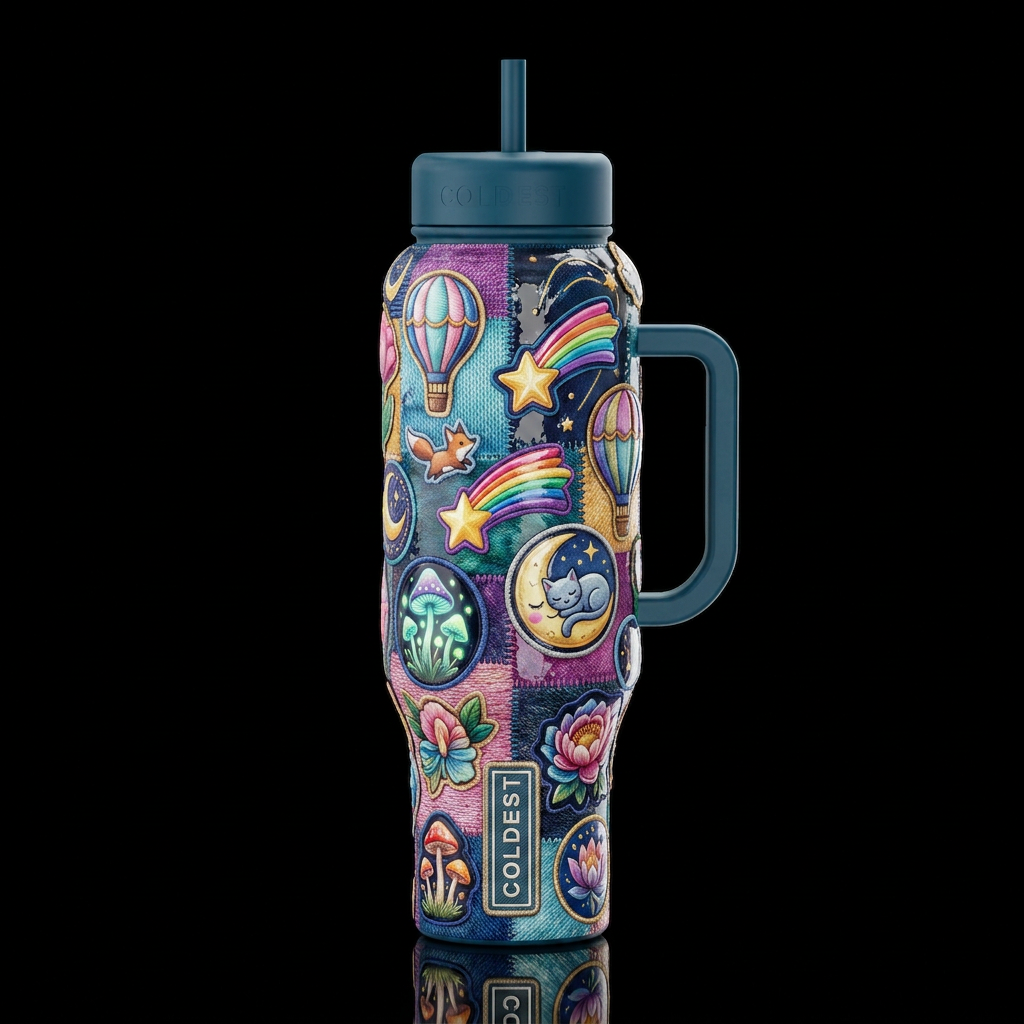 Unique patches, glossy, trompe-l'œil, beautiferous... water bottle design