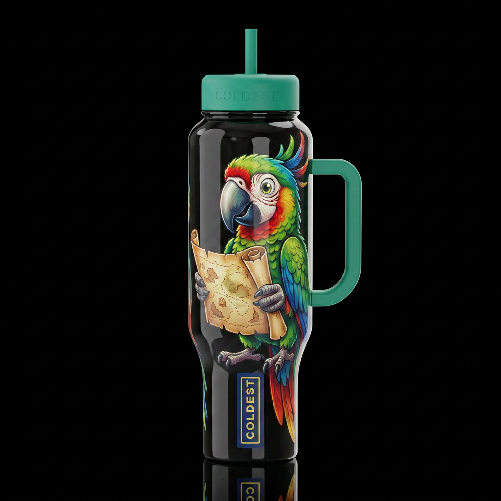 Cartoonish, parrot holding a rolled up map, glossy... water bottle design