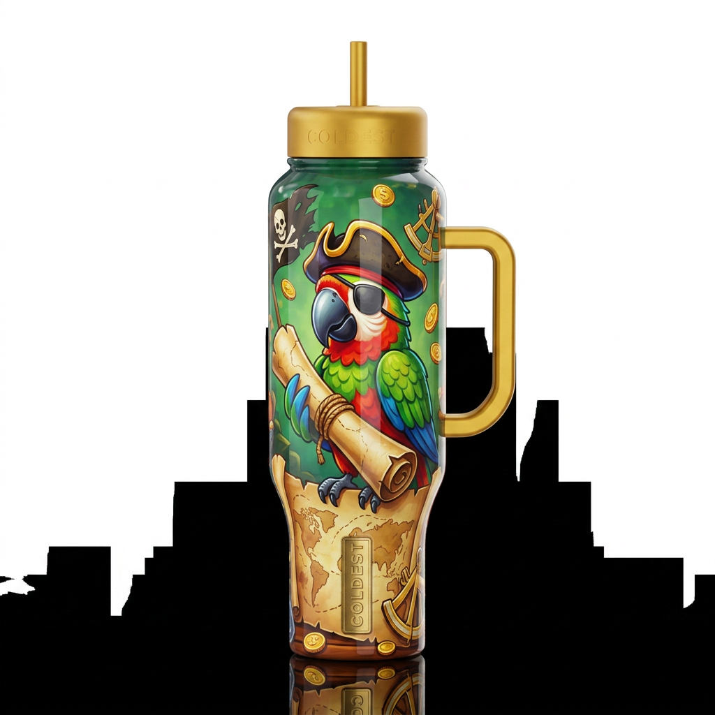 Cartoonish, parrot holding a rolled up map, glossy... water bottle design
