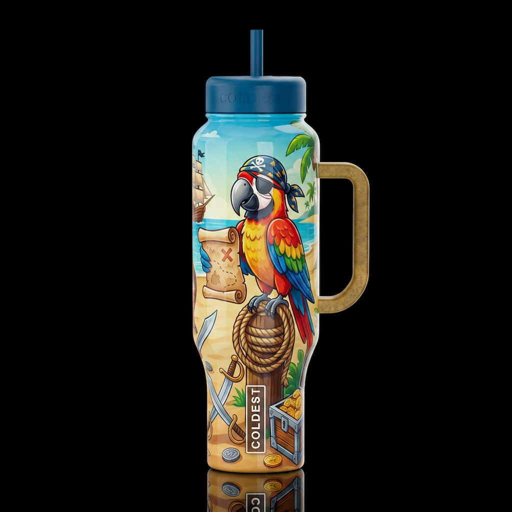 Cartoonish, parrot holding a rolled up map, glossy... water bottle design