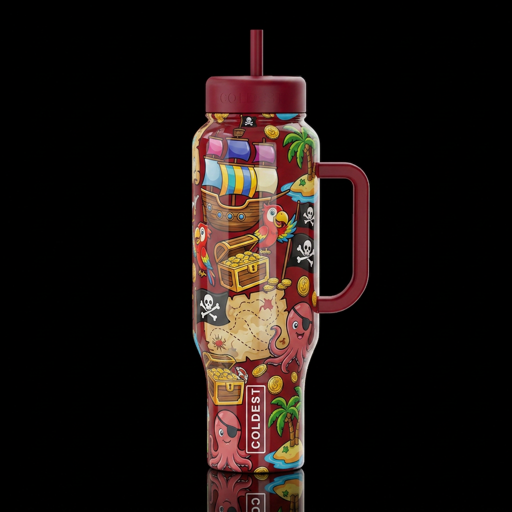 Cartoonish, glossy trompe-l'œil, beautiferous, whi... water bottle design