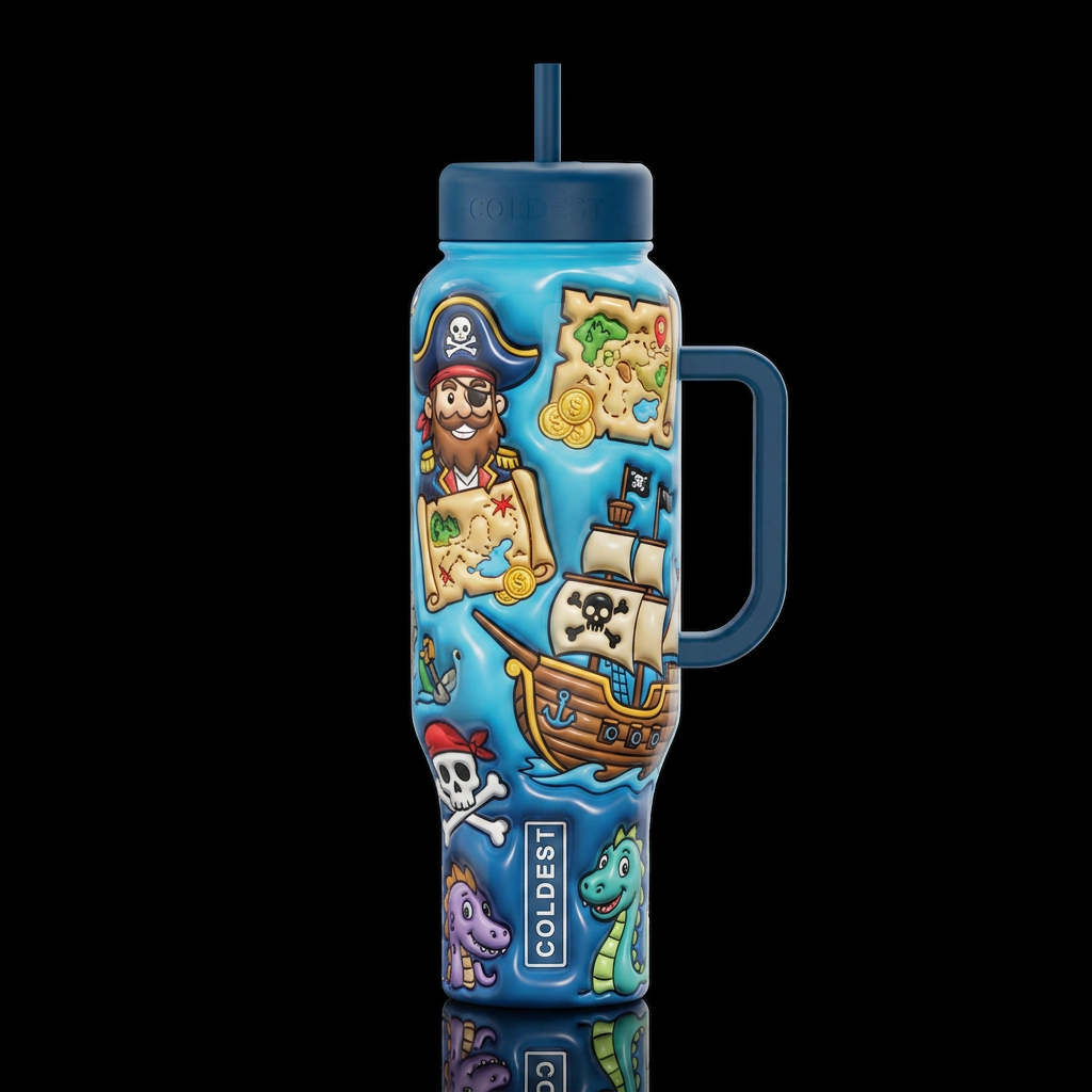 Cartoonish, glossy trompe-l'œil, beautiferous, whi... water bottle design