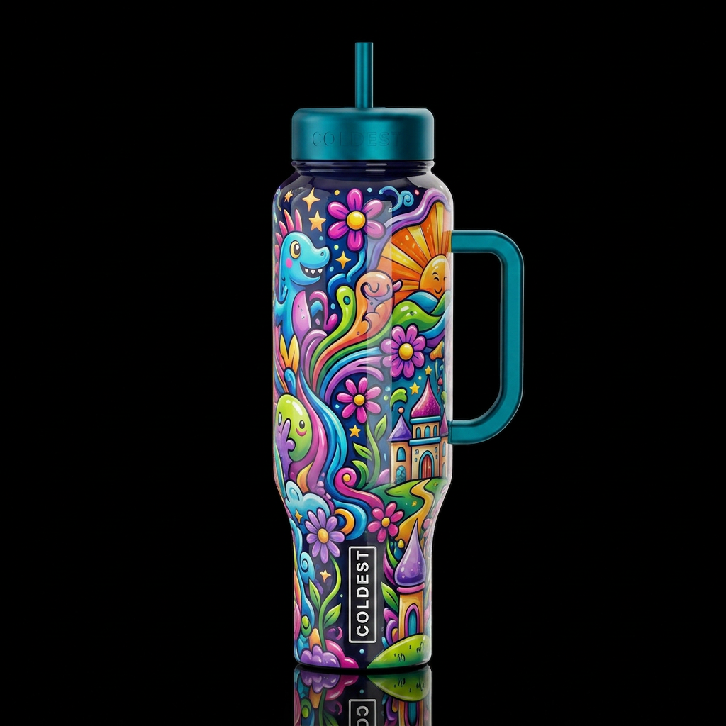 Cartoonish, glossy trompe-l'œil, beautiferous, whi... water bottle design