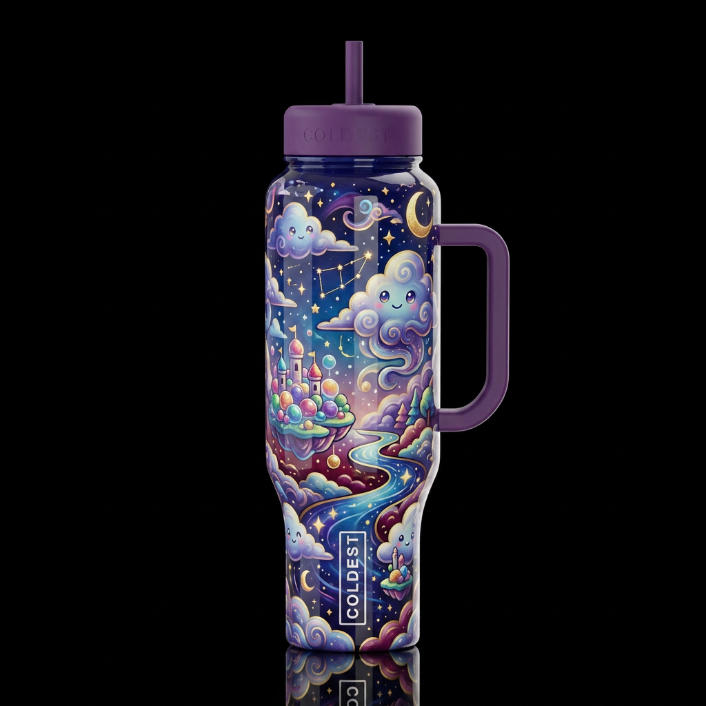 Cartoonish, glossy trompe-l'œil, beautiferous, whi... water bottle design