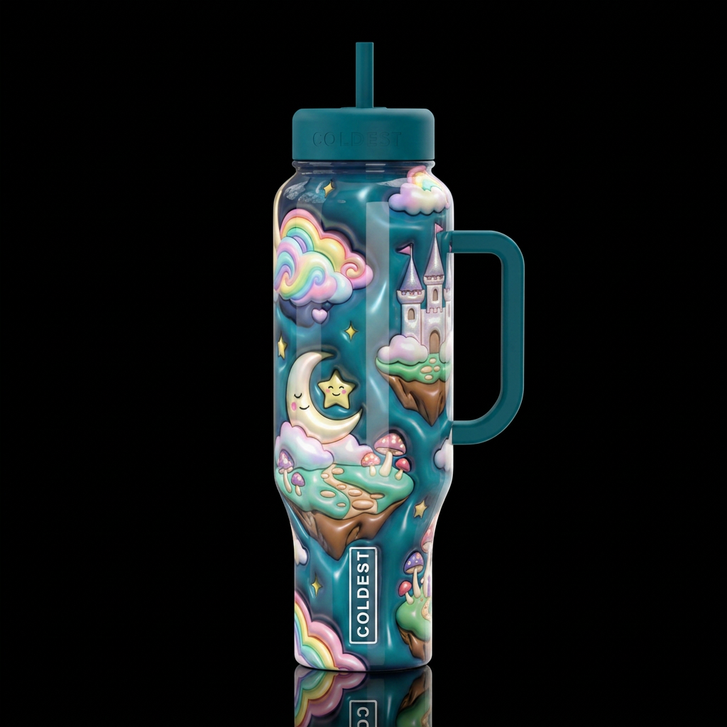 Cartoonish, glossy trompe-l'œil, beautiferous, whi... water bottle design