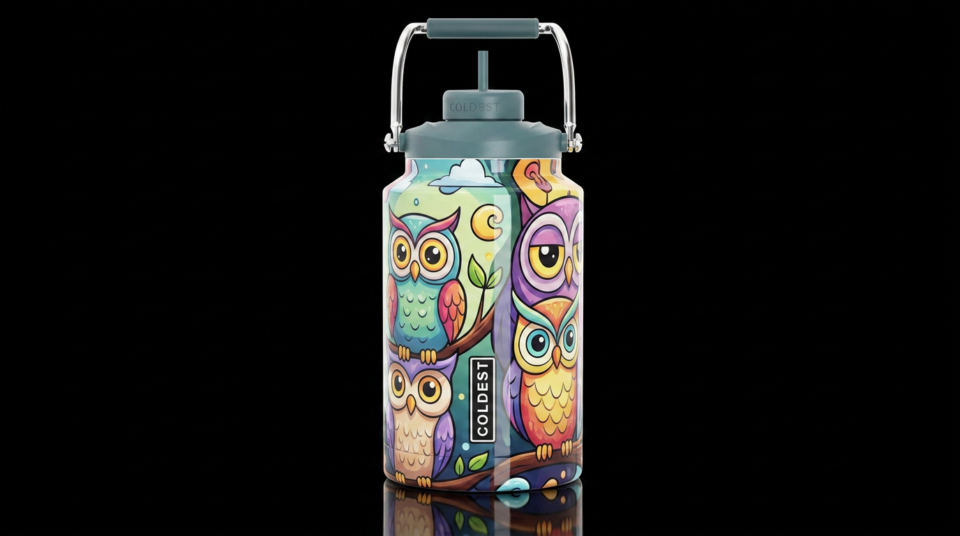 Cartoonish, glossy trompe-l'œil, beautiferous, whi... water bottle design