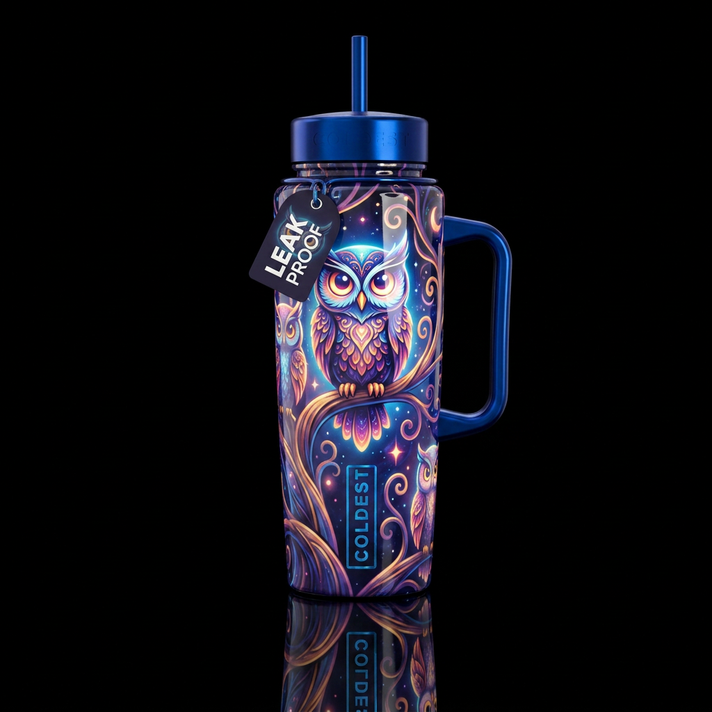 Cartoonish, glossy trompe-l'œil, beautiferous, whi... water bottle design
