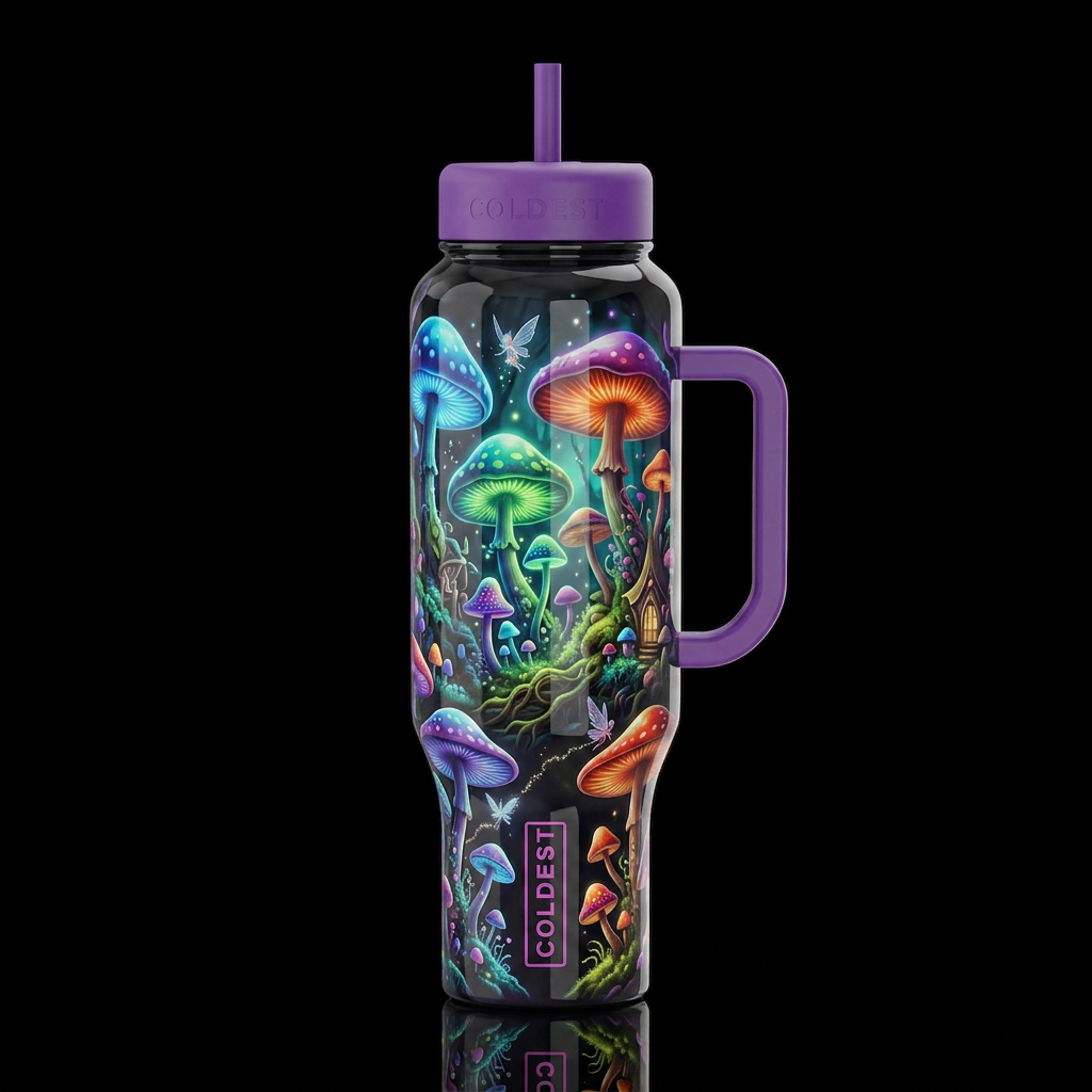 Mushrooms,glossy, trompe-l'œil, beautiferous,imbue... water bottle design