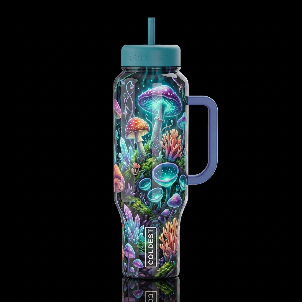 Imbued Mushrooms,glossy, trompe-l'œil, beautiferou... water bottle design