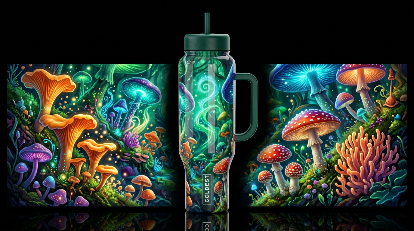 Imbued Mushrooms,glossy, trompe-l'œil, beautiferou... water bottle design