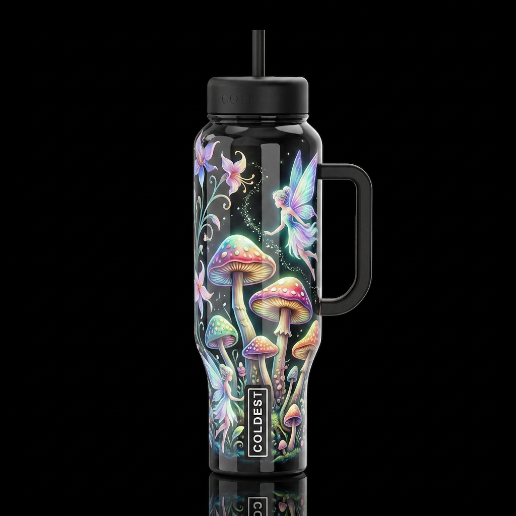 Whimsy,sprite Mushrooms,glossy, trompe-l'œil, beau... water bottle design
