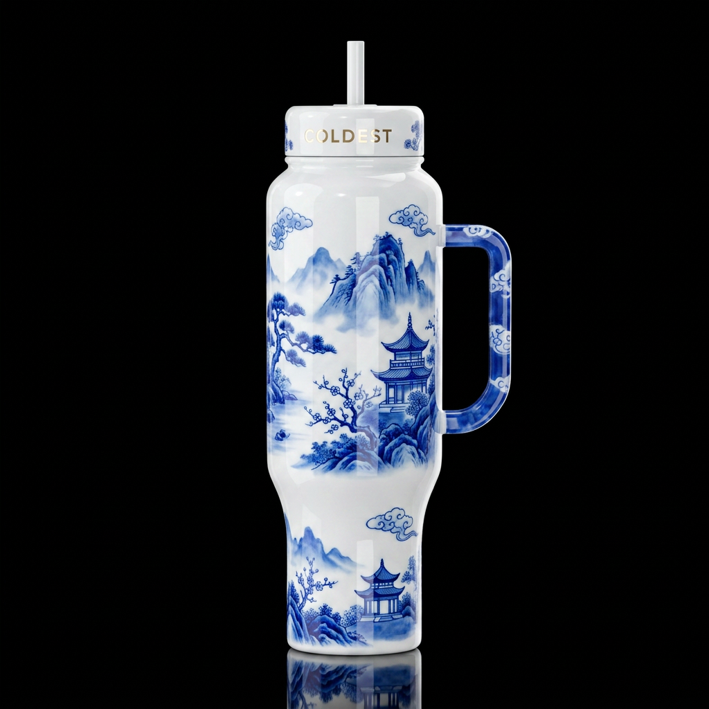 Chinese porcelain,, glossy, trompe-l'œil, beautife... water bottle design