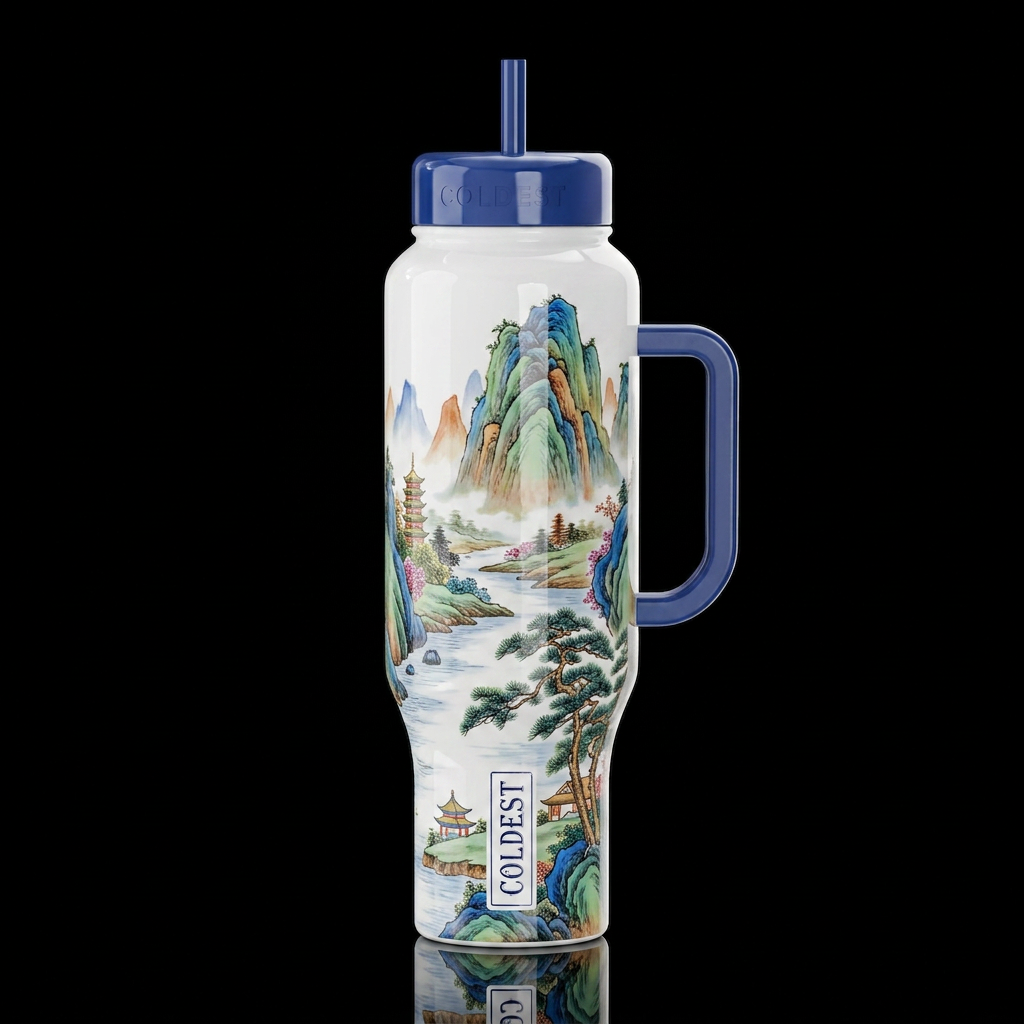 Chinese porcelain,, glossy, trompe-l'œil, beautife... water bottle design