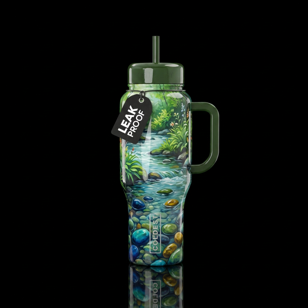 tranquil, gentle stream, shiny water bottle design