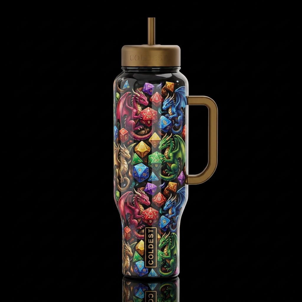 Tiny dragons wrapped around and playing with dnd d... water bottle design