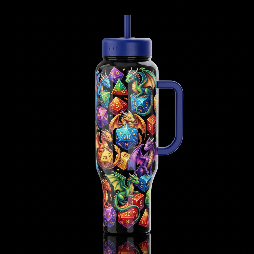 Tiny dragons wrapped around and playing with dnd d... water bottle design