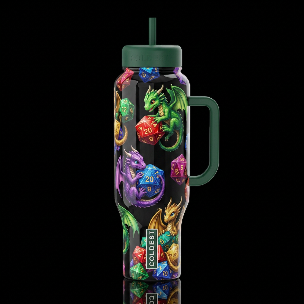Tiny dragons wrapped around and playing with dnd d... water bottle design