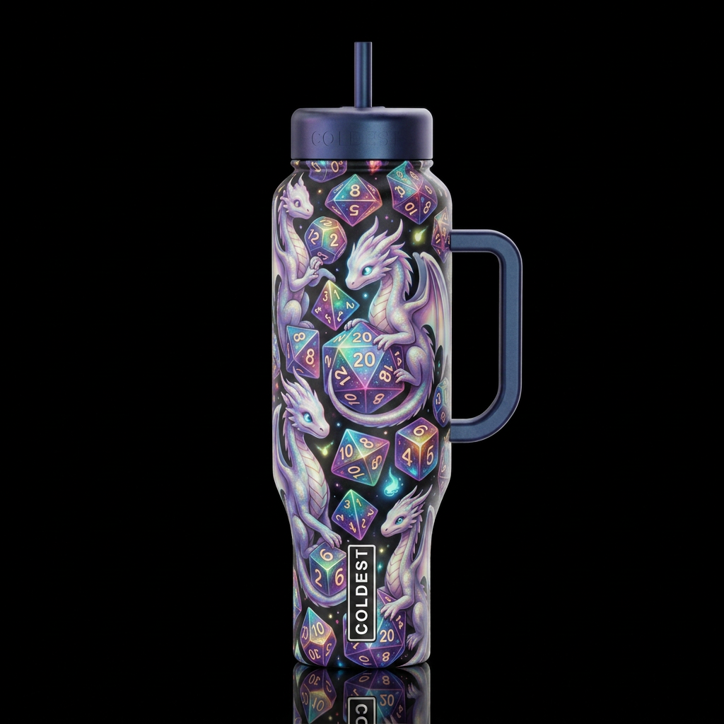 Tiny dragons wrapped around and playing with dnd d... water bottle design