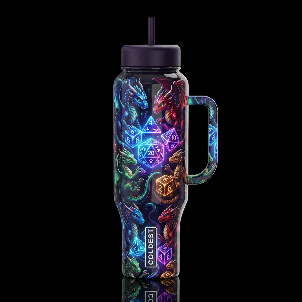 Tiny dragons wrapped around and playing with dnd d... water bottle design