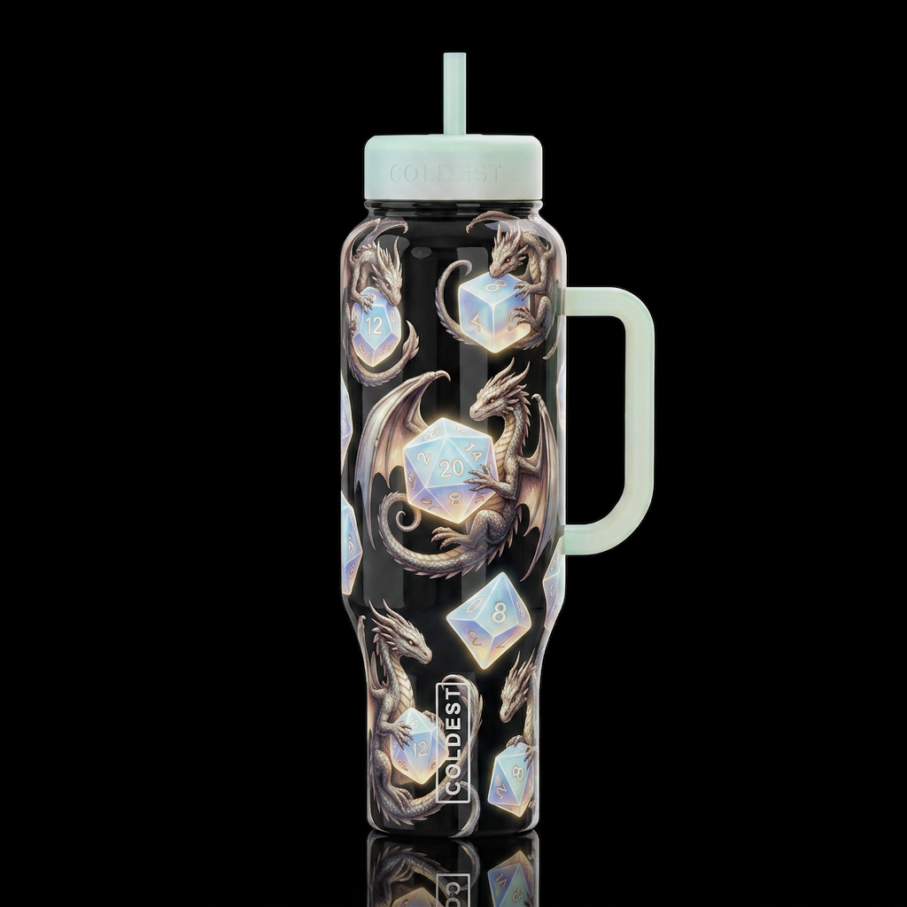 Tiny dragons wrapped around and playing with dnd d... water bottle design