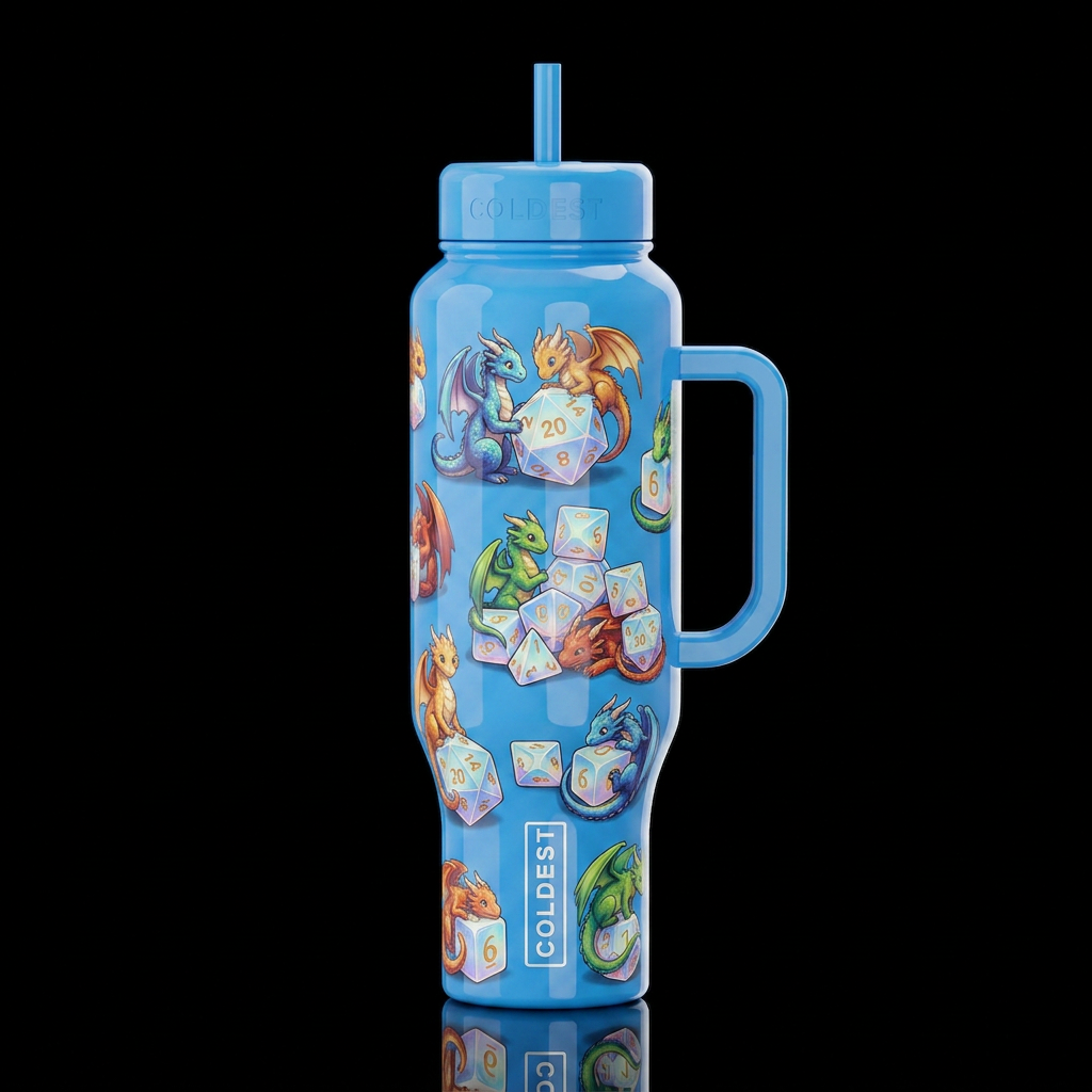 Tiny dragons wrapped around and playing with dnd d... water bottle design