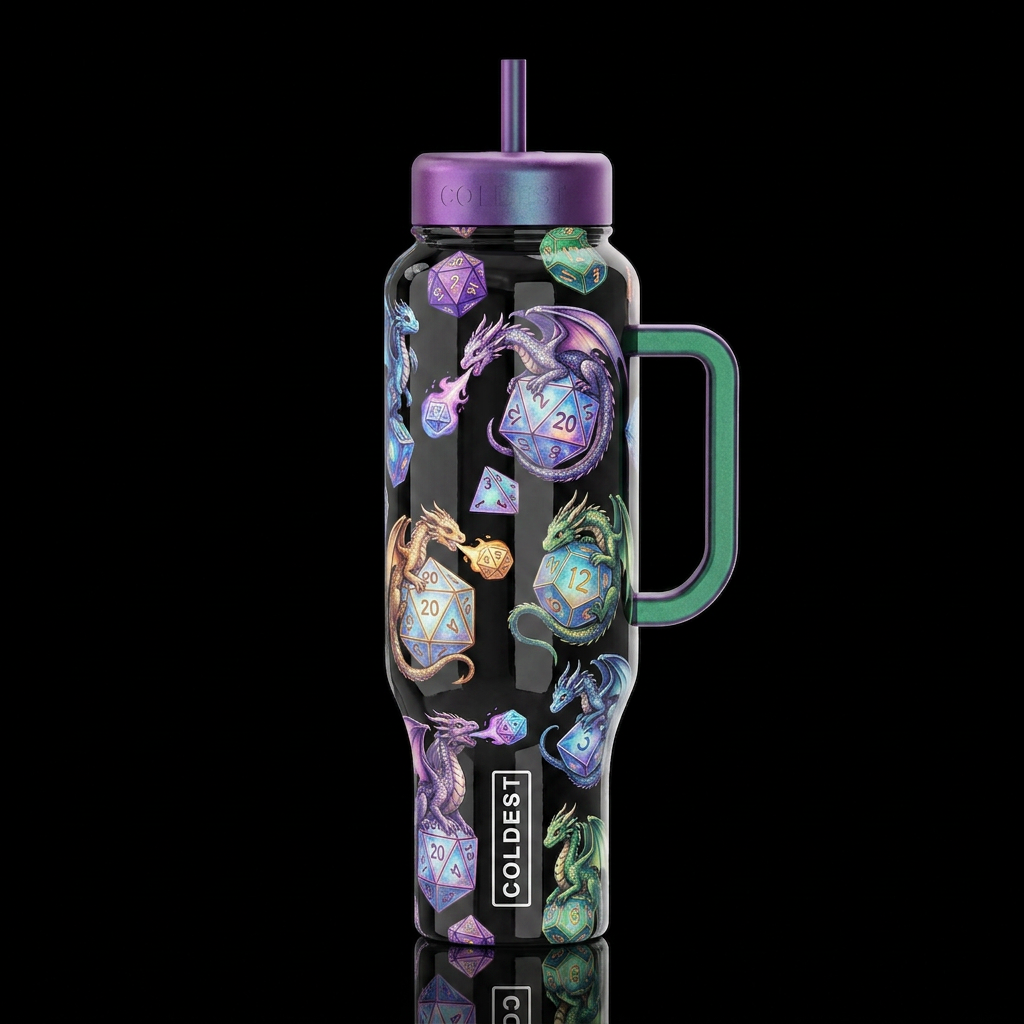 Tiny dragons wrapped around and playing with dnd d... water bottle design