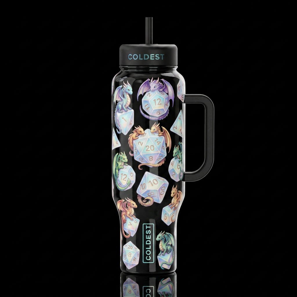 Tiny dragons wrapped around and playing with dnd d... water bottle design