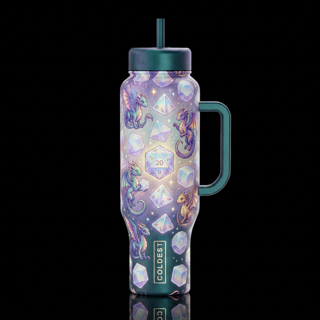 Tiny dragons wrapped around and playing with dnd d... water bottle design