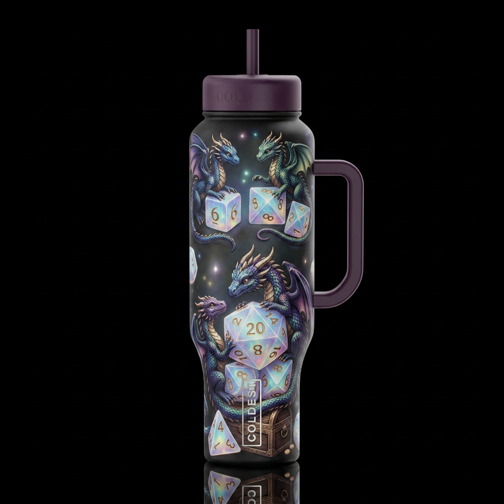 Tiny dragons wrapped around and playing with dnd d... water bottle design