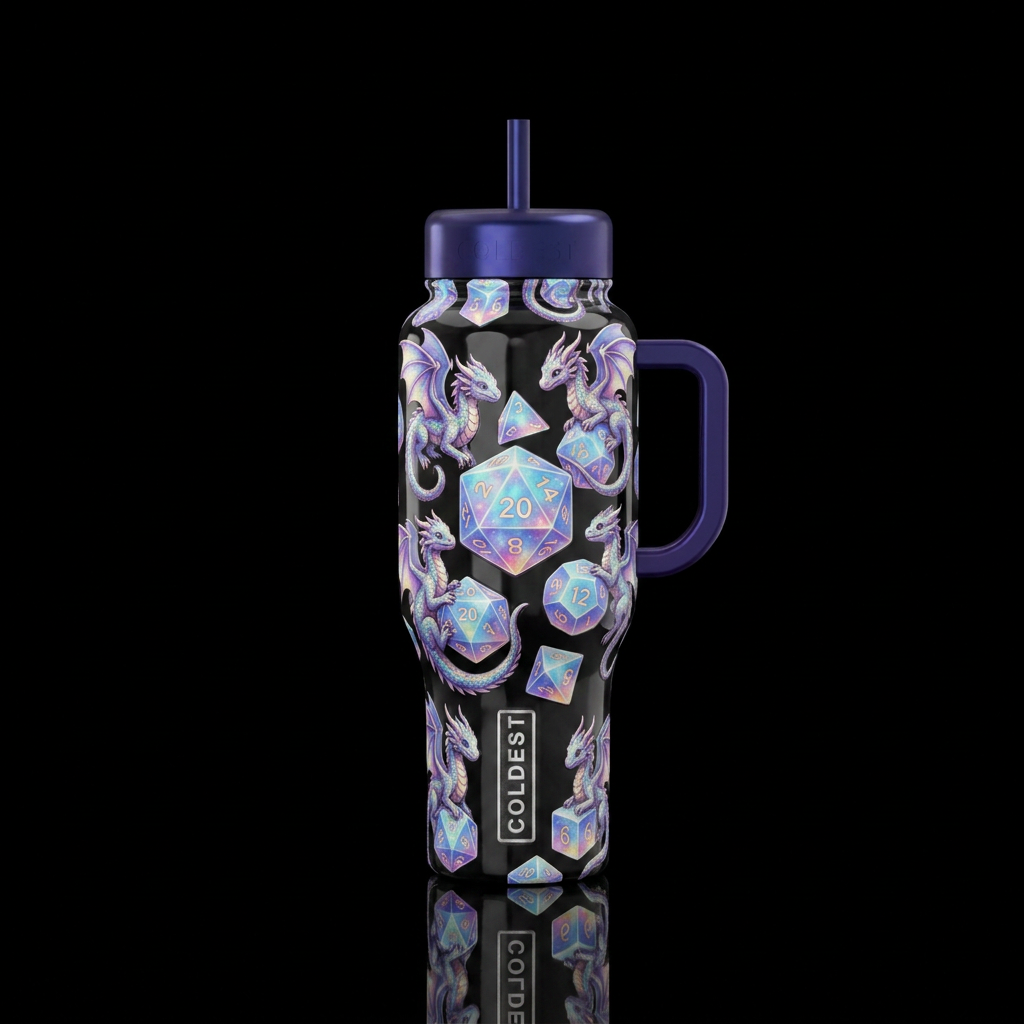 Tiny dragons wrapped around and playing with dnd d... water bottle design