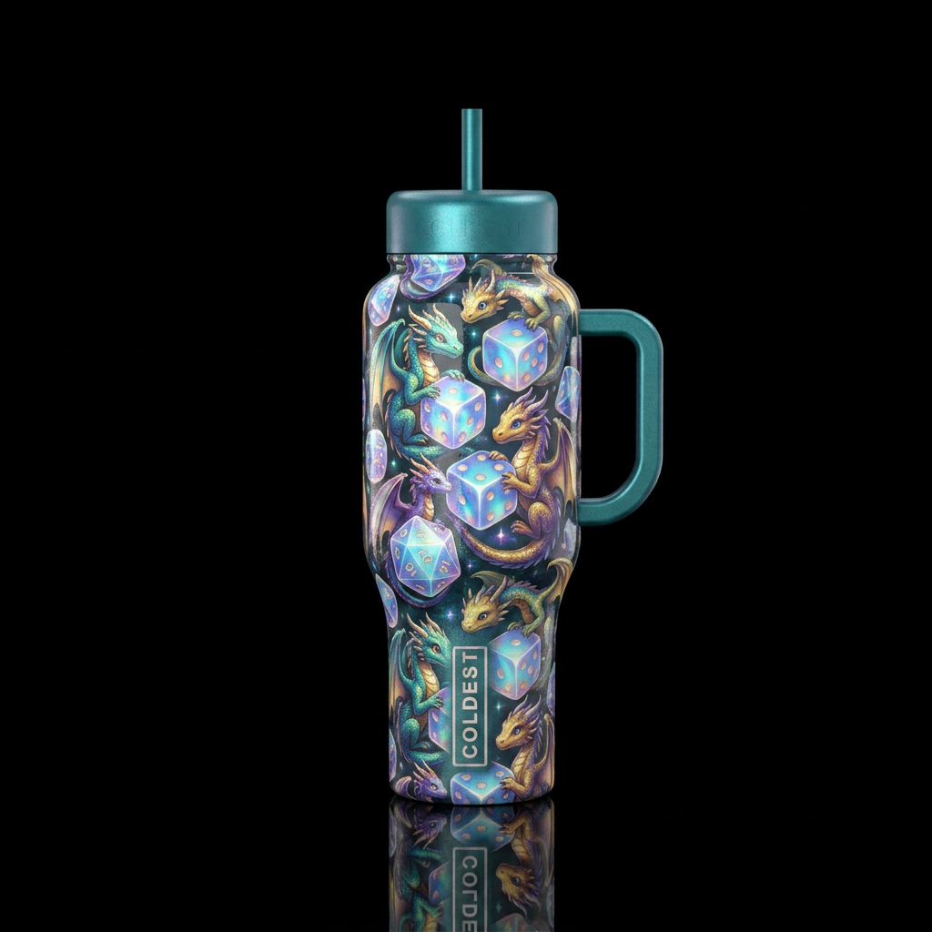 Tiny dragons wrapped around and playing with dnd d... water bottle design