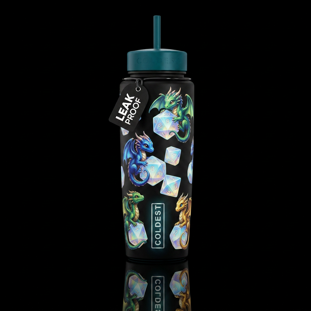 Tiny dragons wrapped around and playing with dnd d... water bottle design