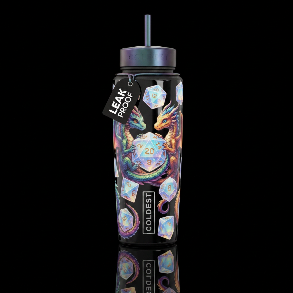 Tiny dragons wrapped around and playing with dnd d... water bottle design