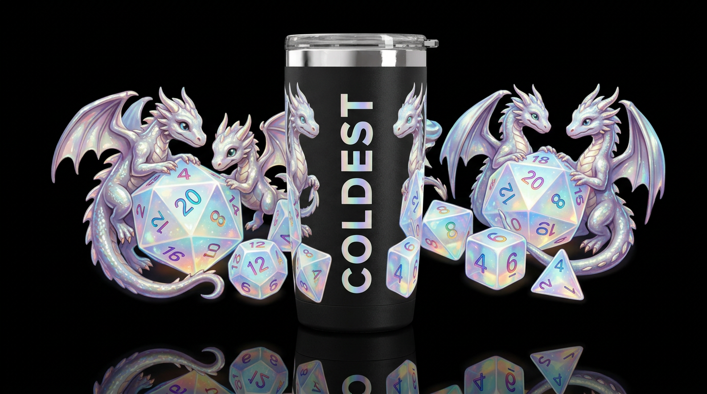 Tiny dragons wrapped around and playing with dnd d... water bottle design