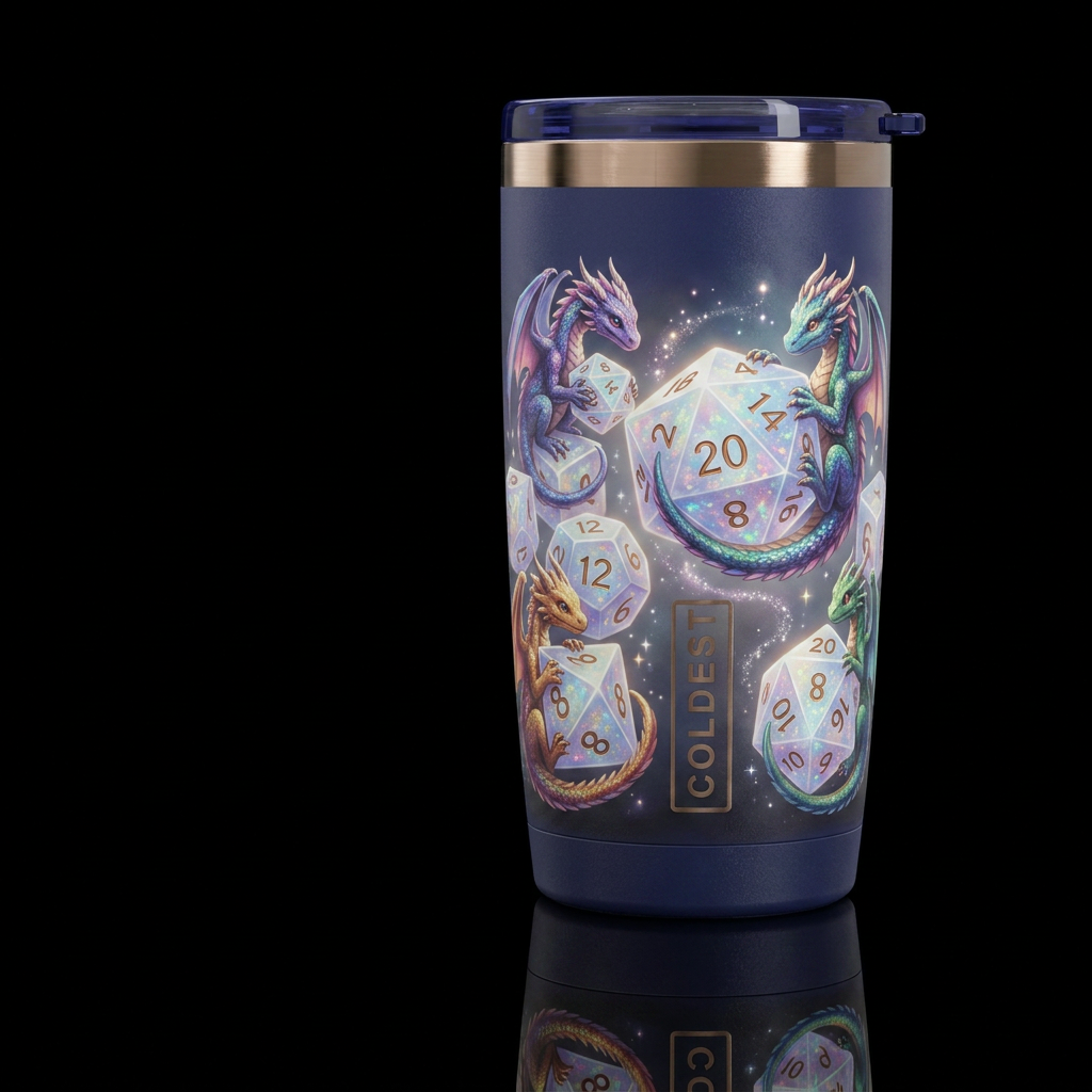Tiny dragons wrapped around and playing with dnd d... water bottle design